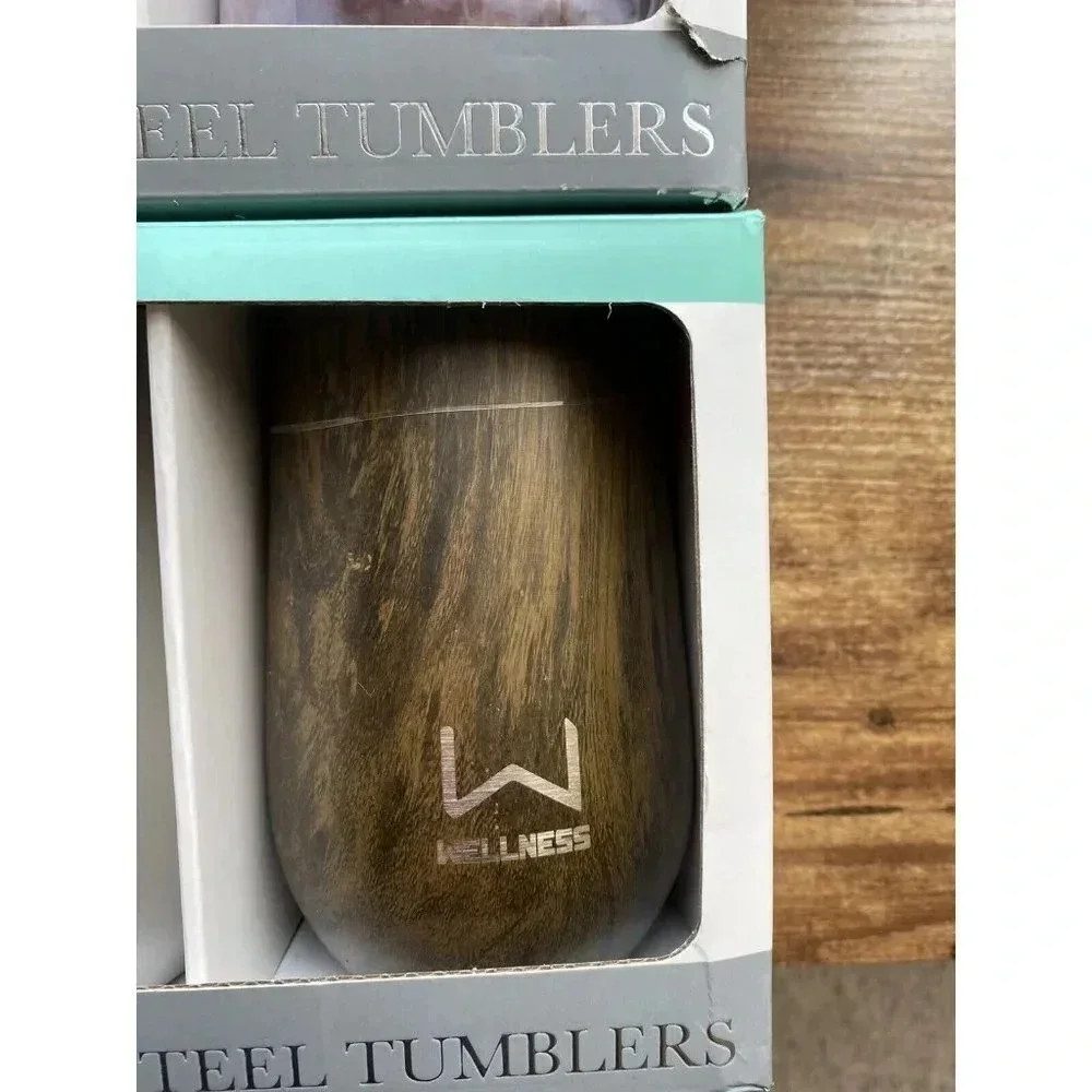 NIB Wellness 2 pk Stainless Steel Tumblers Double Wall 14 oz Silver & Wood Grain